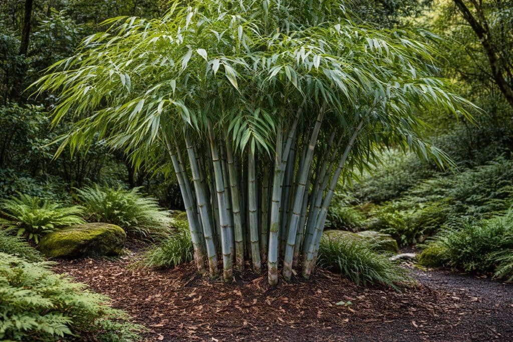 Borinda boliana, bambou géant non traçant aux chaumes bleutés en jardin ombragé
