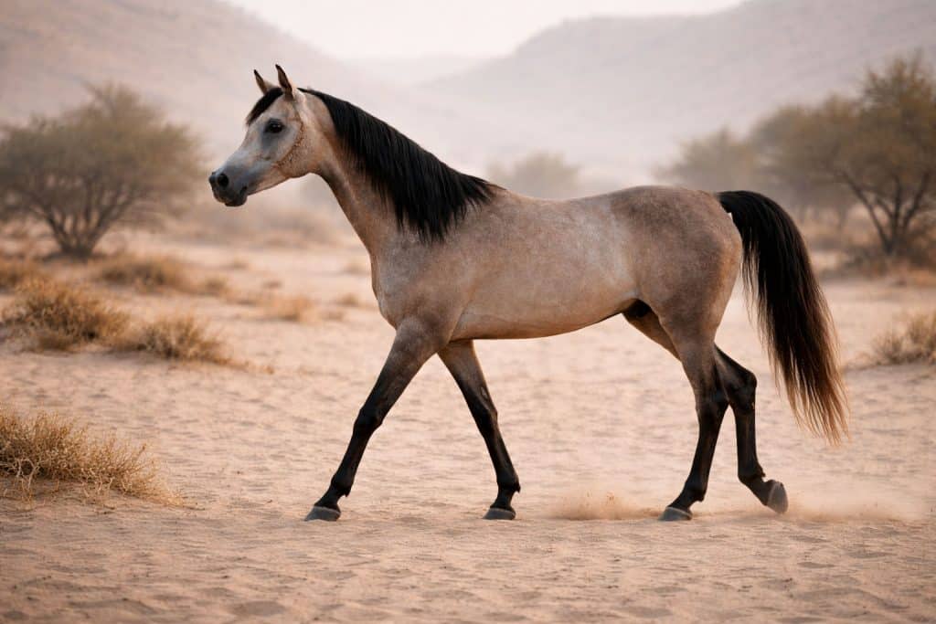Cheval arabe d’endurance au Maroc évoluant sur terrain sablonneux près de Kénitra"