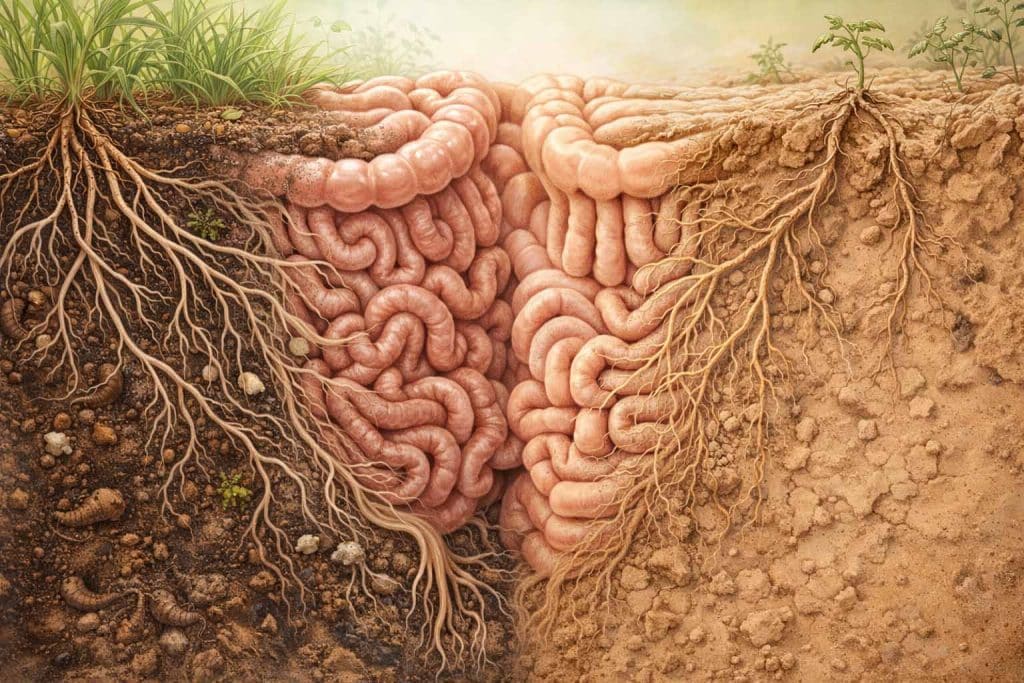 Illustration métaphorique de l’intestin comparé à un sol vivant fertile ou dégradé