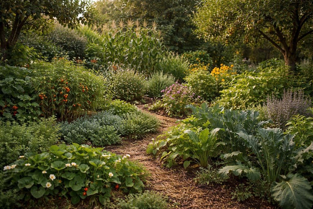 Jardin diversifié imitant les strates de la forêt pour renforcer la résilience naturelle des cultures