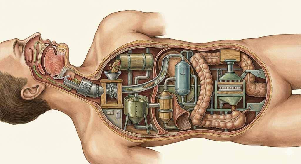 Schéma métaphorique de la digestion comme une chaîne industrielle