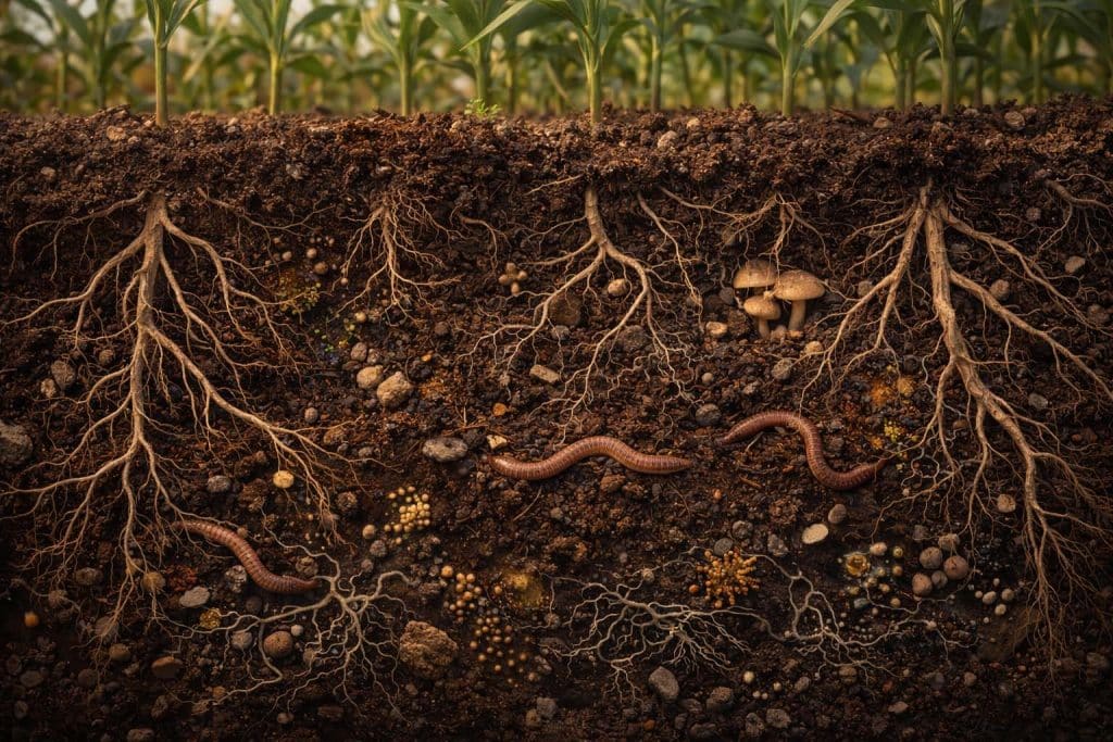 Sol vivant riche en humus et micro-organismes essentiels à la fertilité agricole