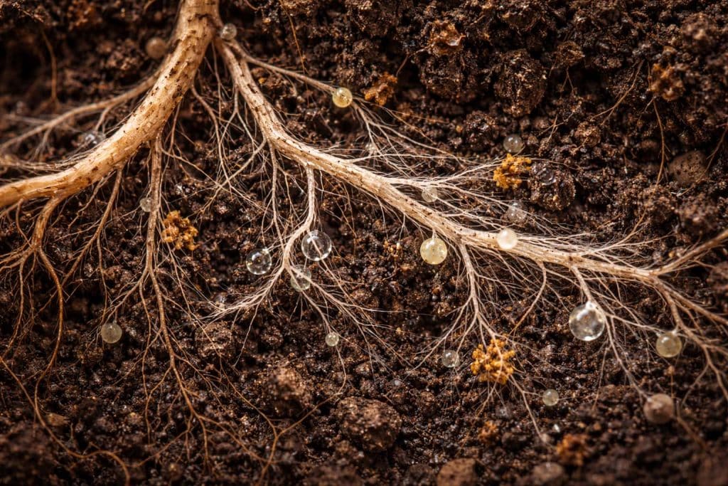 Mycorhizes reliant les racines des plantes dans un sol vivant