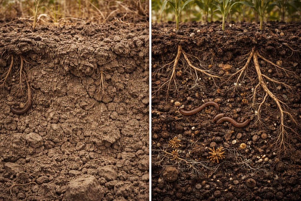 Comparaison entre sol vivant fertile et sol agricole dégradé