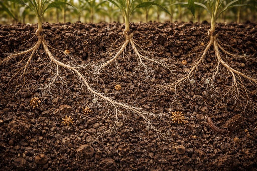 Réseau mycorhizien reliant les racines des plantes dans le sol, illustrant la communication et la coopération végétale