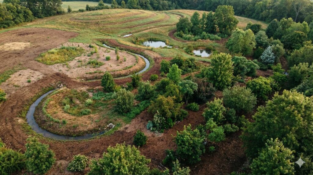 Terrain agricole conçu progressivement avec zones observées, végétalisées et éléments hydrologiques discrets