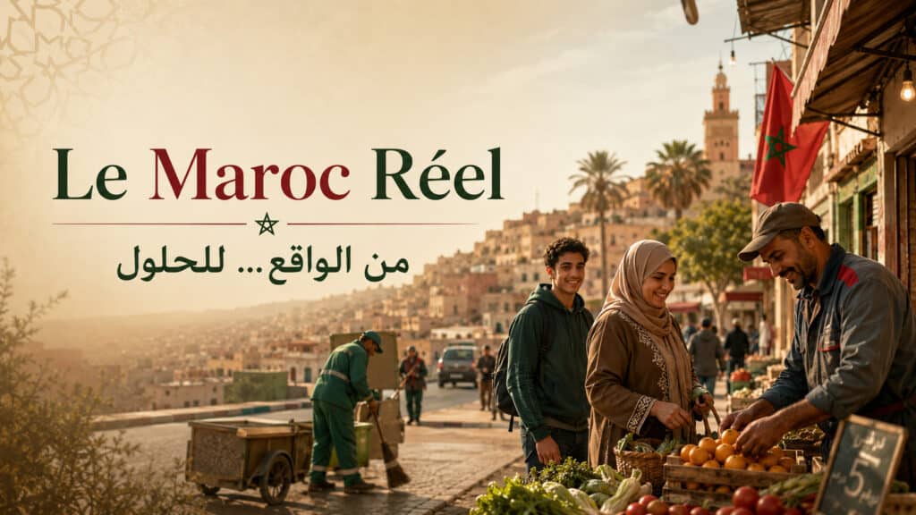 Illustration éditoriale du Maroc réel montrant une scène du quotidien marocain avec citoyens, travail, vie sociale et dignité.