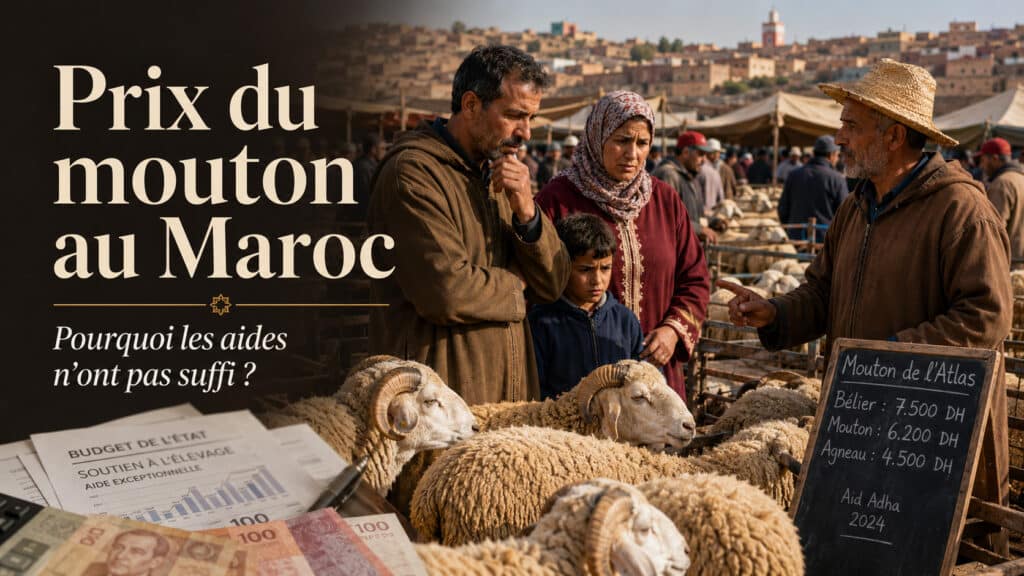 Souk marocain des moutons avant l’Aïd illustrant le prix du mouton, les aides publiques et le pouvoir d’achat au Maroc.
