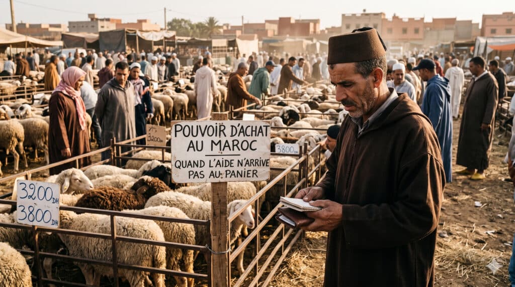 Scène de marché marocain illustrant le pouvoir d’achat, la vie chère, l’aide publique et le panier du citoyen.