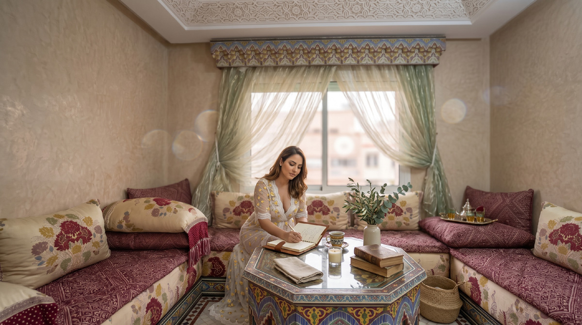 Appartement marocain lumineux et apaisant avec salon traditionnel, illustrant le bruit, la lumière et la charge mentale dans l’habitat.