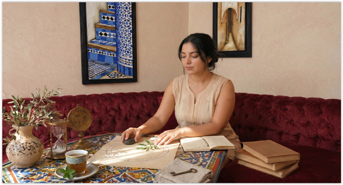 Femme marocaine observant une carte astrologique abstraite avec une pierre et une graine pour illustrer l’astrologie et le discernement.