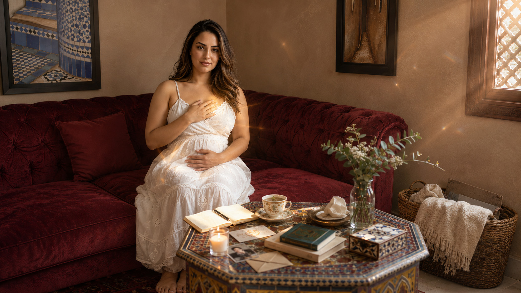 Femme marocaine pratiquant un moment de libération intérieure face aux attachements énergétiques dans un salon traditionnel apaisant.