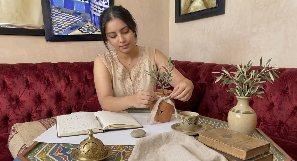 Femme marocaine réparant symboliquement un petit pot fissuré avec une pousse d’olivier pour illustrer Chiron en astrologie.