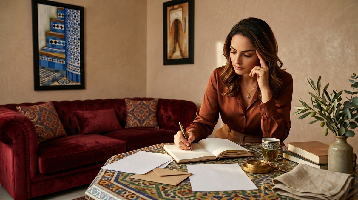 Femme marocaine écrivant dans un carnet pour illustrer Mercure en astrologie, la pensée et la communication.