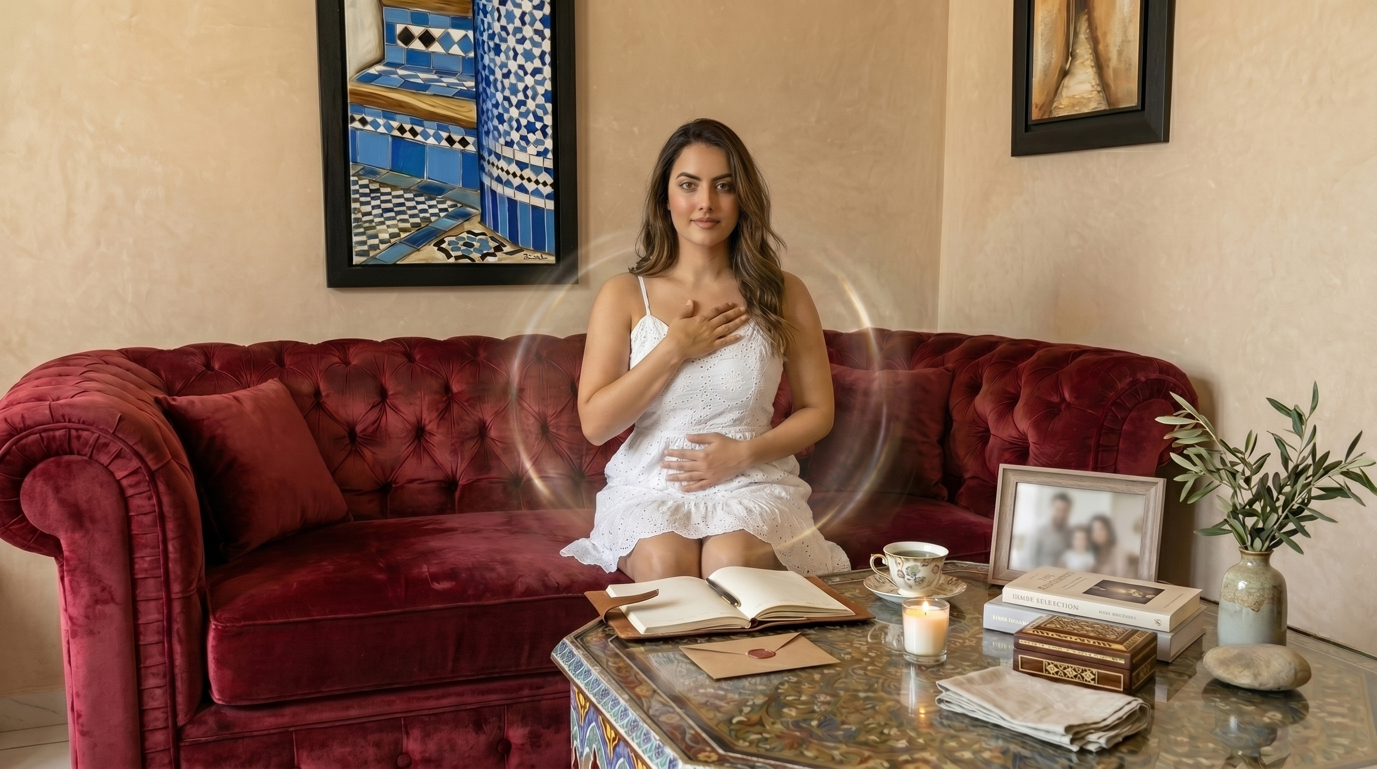 Pardon familial illustré par une femme marocaine en introspection, symbole de libération intérieure, mémoire du corps et limites familiales.