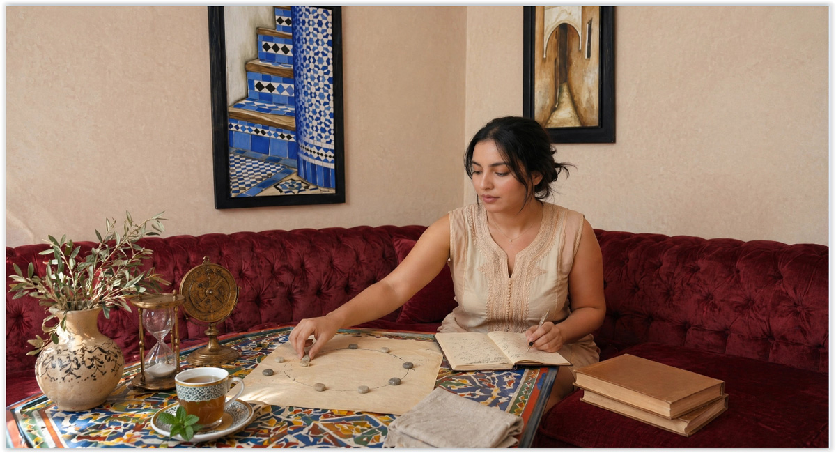 Femme marocaine révisant un schéma circulaire avec des pierres pour illustrer les planètes rétrogrades et l’intégration intérieure.