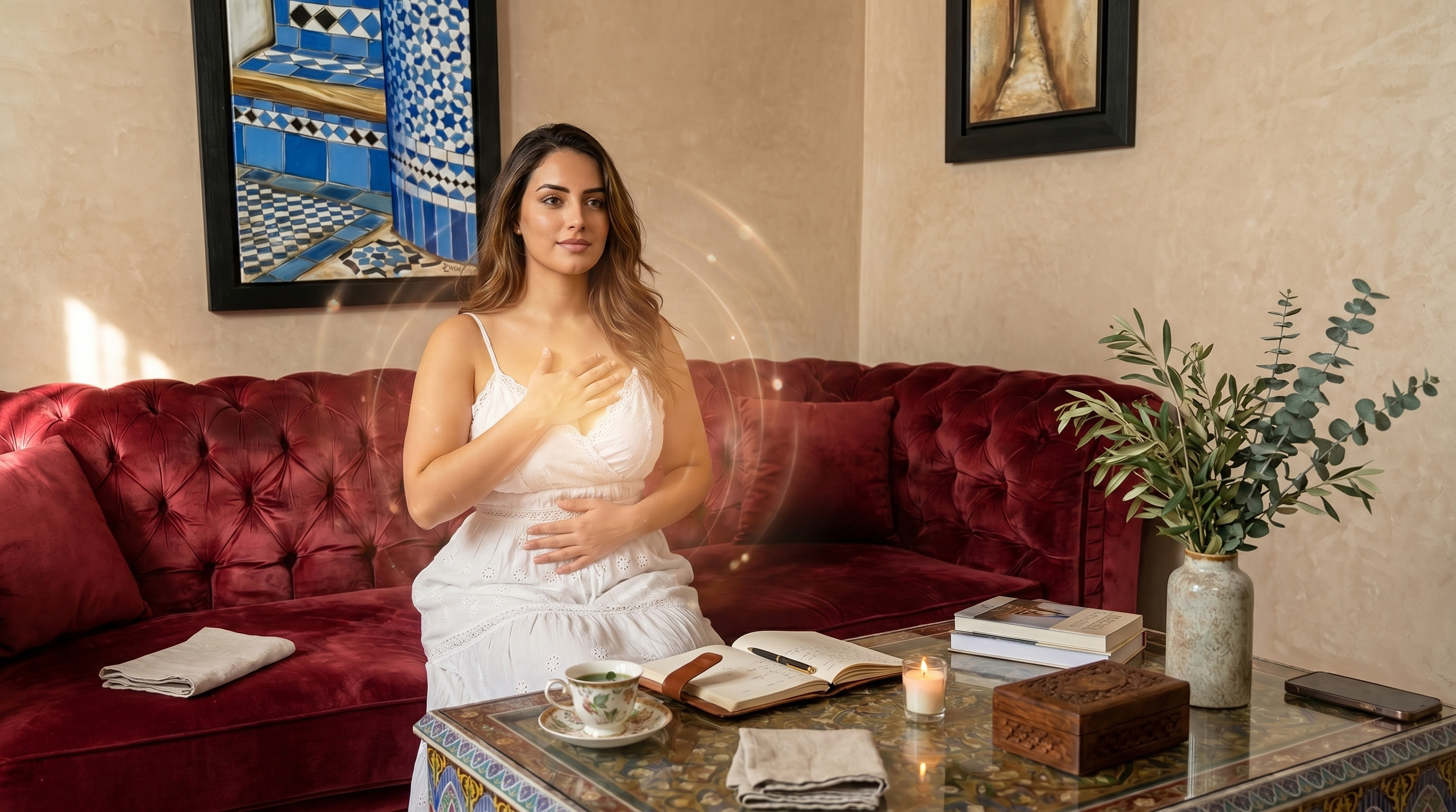 Femme marocaine pratiquant un moment d’ancrage et de protection énergétique dans un salon traditionnel apaisant.