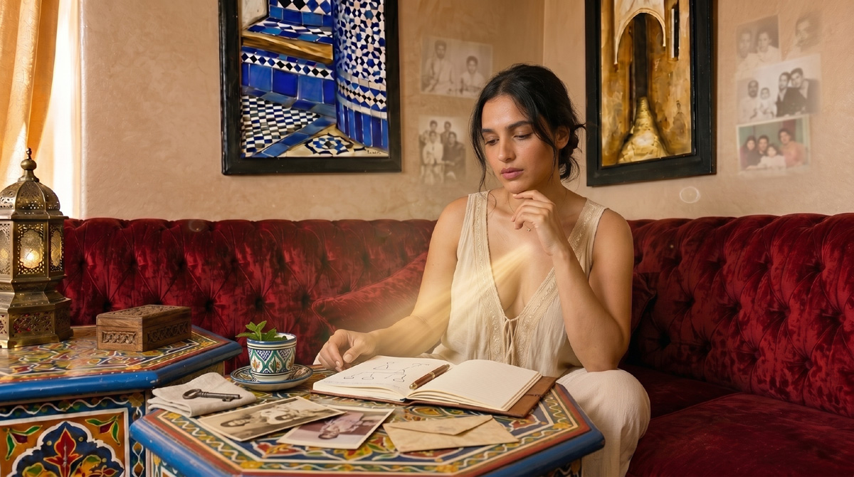 Psychogénéalogie illustrée par une femme marocaine observant des photos anciennes et un carnet familial pour comprendre l’arbre familial autrement.