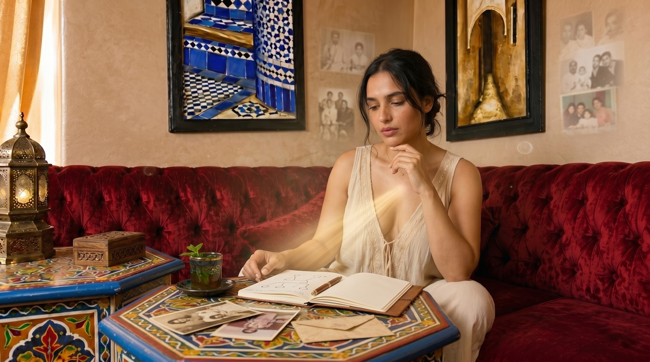 Femme marocaine étudiant un arbre familial dans un salon traditionnel, illustrant la psychogénéalogie et les mémoires transgénérationnelles.