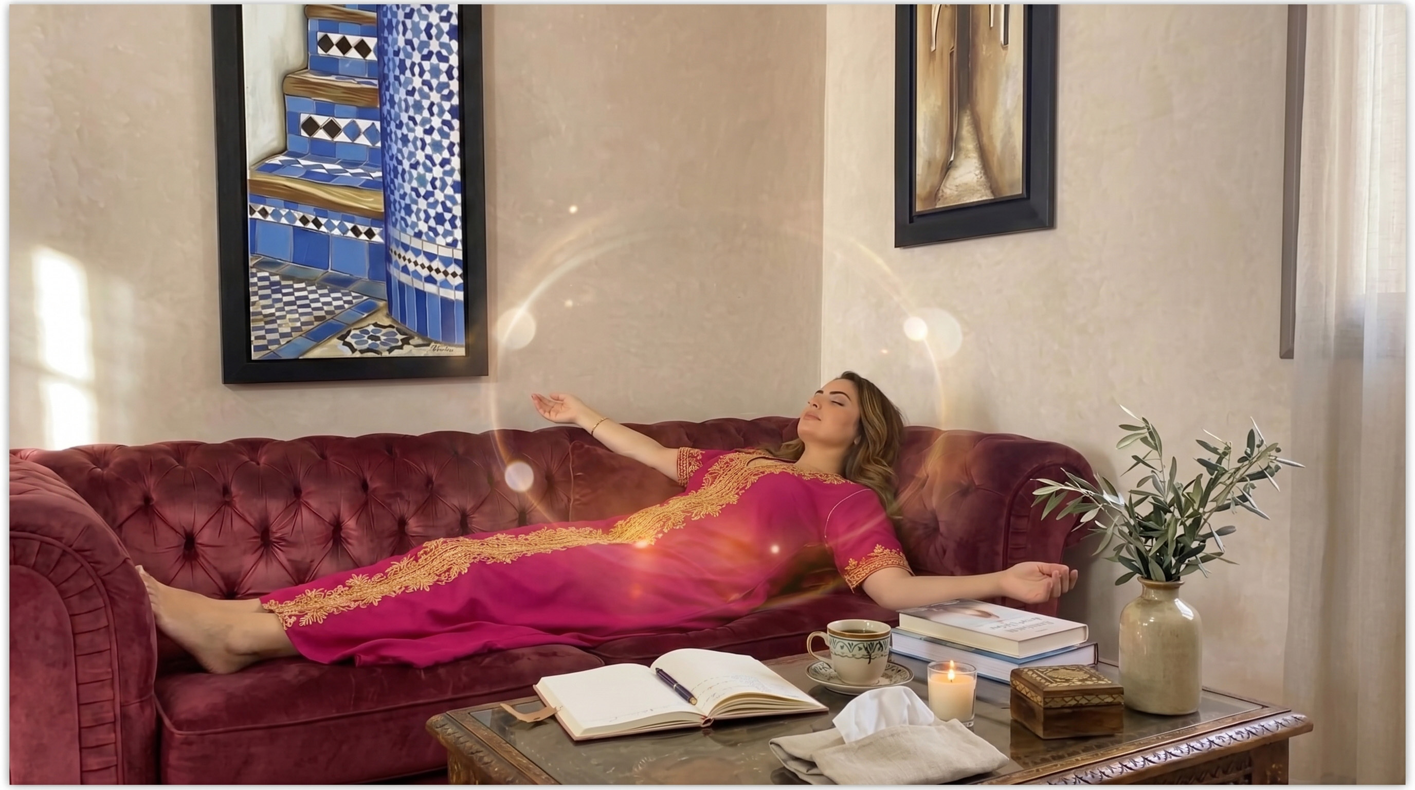 Femme marocaine pratiquant un moment Reiki de recentrage émotionnel dans un salon traditionnel apaisant.