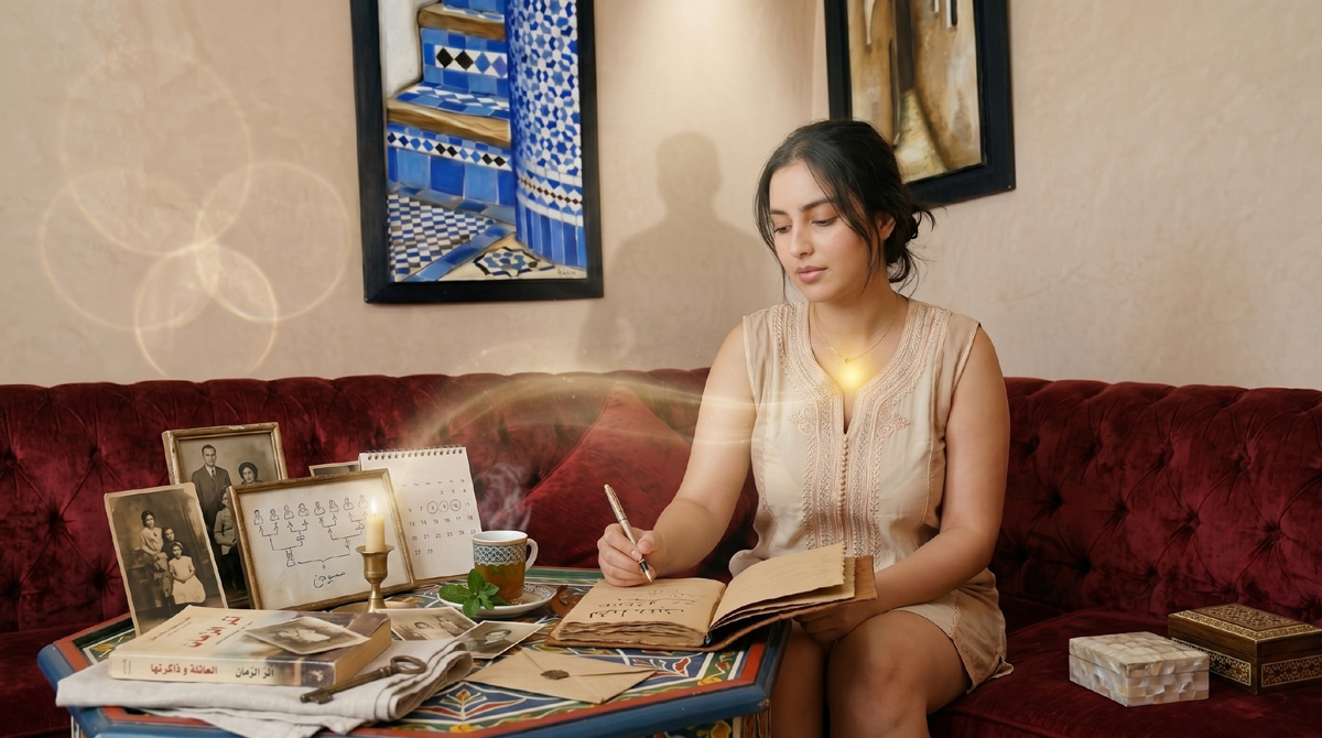 Thérapies subtiles illustrées par une femme marocaine dans un salon apaisant, évoquant énergie, mémoire familiale, discernement et présence intérieure.
