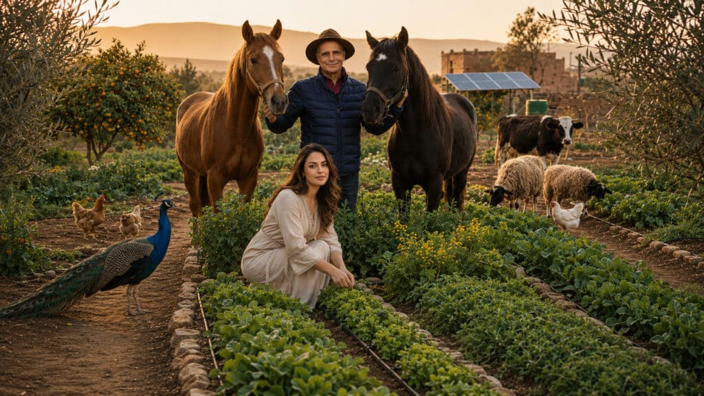 Ferme marocaine résiliente avec verger, élevage, irrigation solaire et sol vivant.