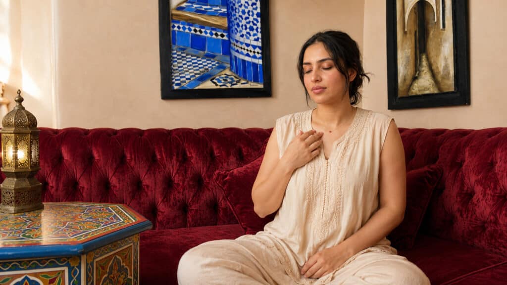 Jeune femme marocaine assise dans un salon marocain, pratiquant un geste doux de tapotement EFT pour apaiser l’anxiété et revenir au corps.