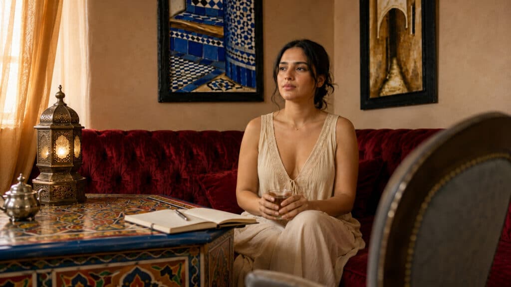 Jeune femme marocaine assise dans un salon marocain, dans une atmosphère d’écoute thérapeutique, illustrant l’introduction à la psychothérapie.