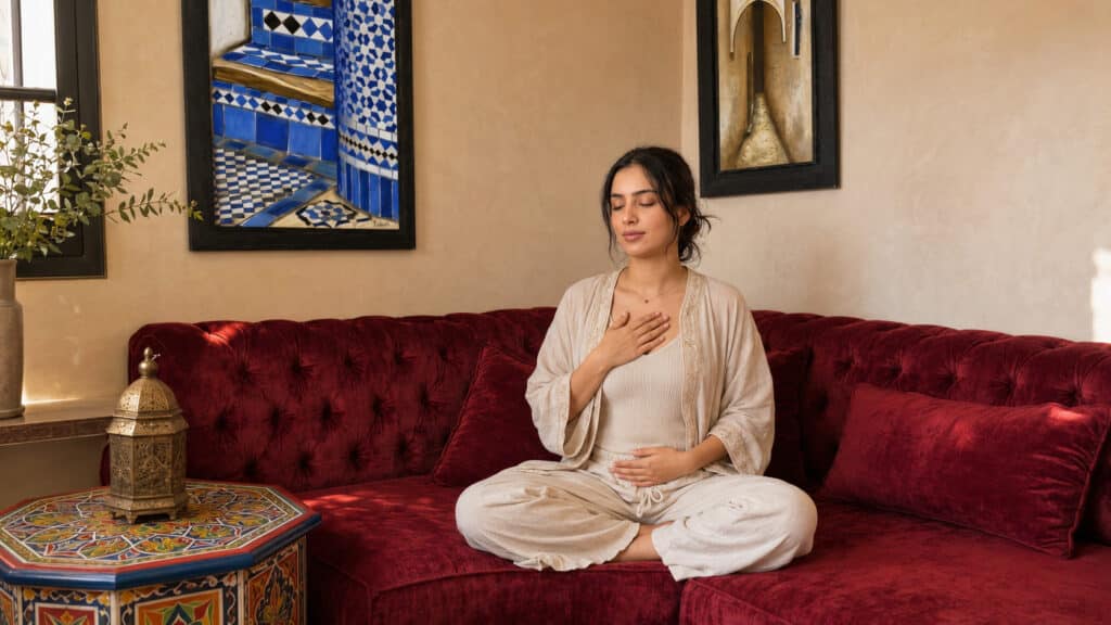 Jeune femme marocaine assise dans un salon marocain, en posture calme de méditation, illustrant le silence intérieur, la respiration et le retour au corps.