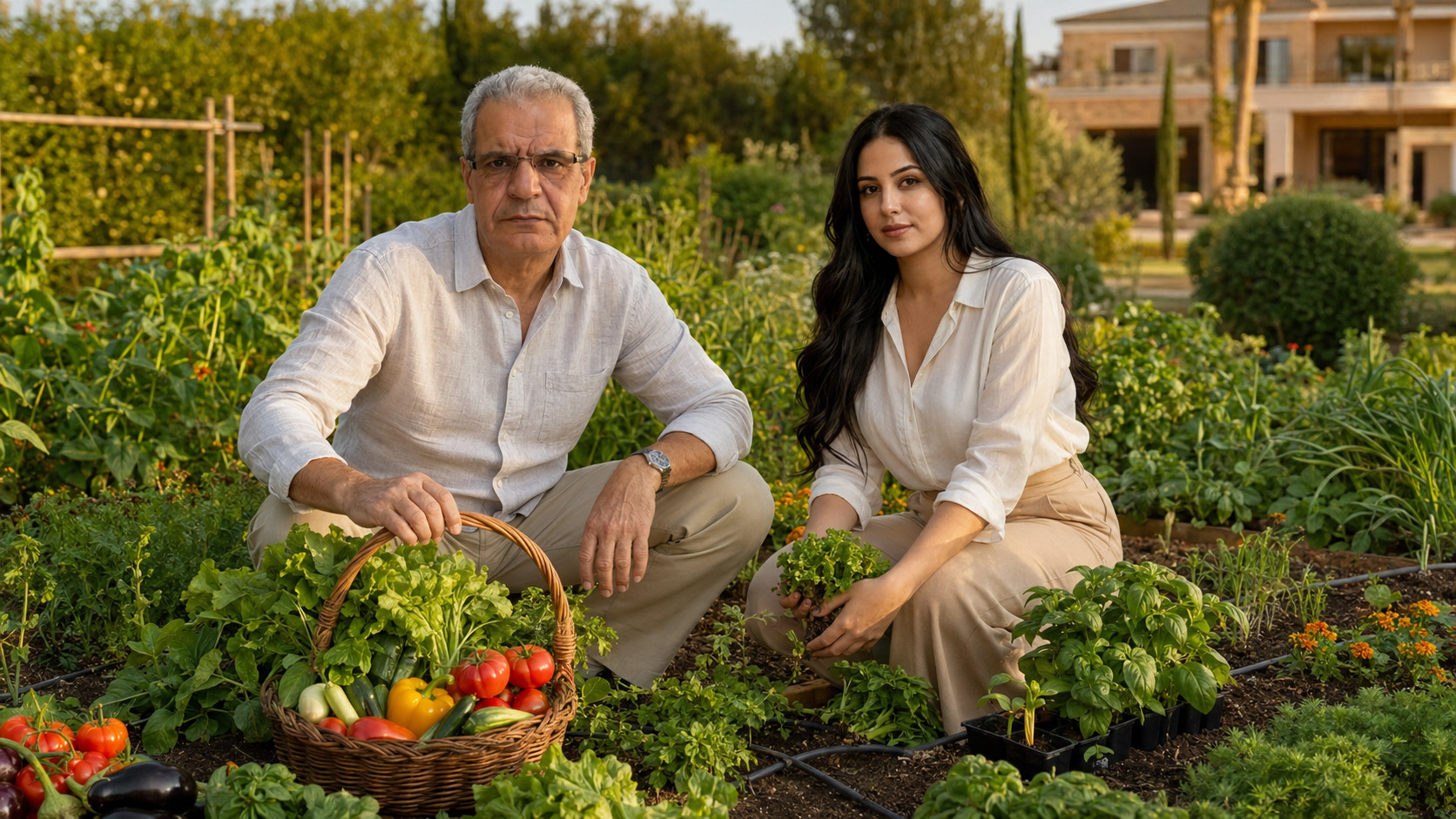 Potager biologique Maroc, Couple marocain dans un potager biologique moderne avec légumes, compost, paillage, pépinière et irrigation économe.