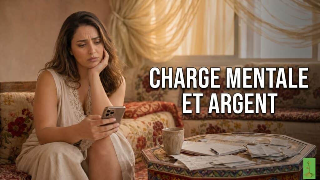 Charge mentale et pouvoir d’achat au Maroc illustrés par une femme marocaine préoccupée face aux factures du foyer.