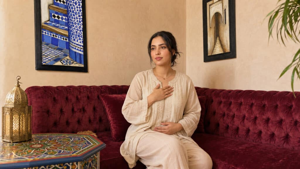 Jeune femme marocaine assise dans un salon marocain, une main sur la poitrine, pratiquant la respiration consciente pour apaiser le stress.