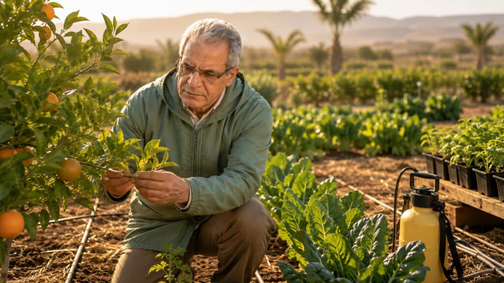 Agronome marocain observant un verger et des cultures avant un traitement phytosanitaire raisonné.