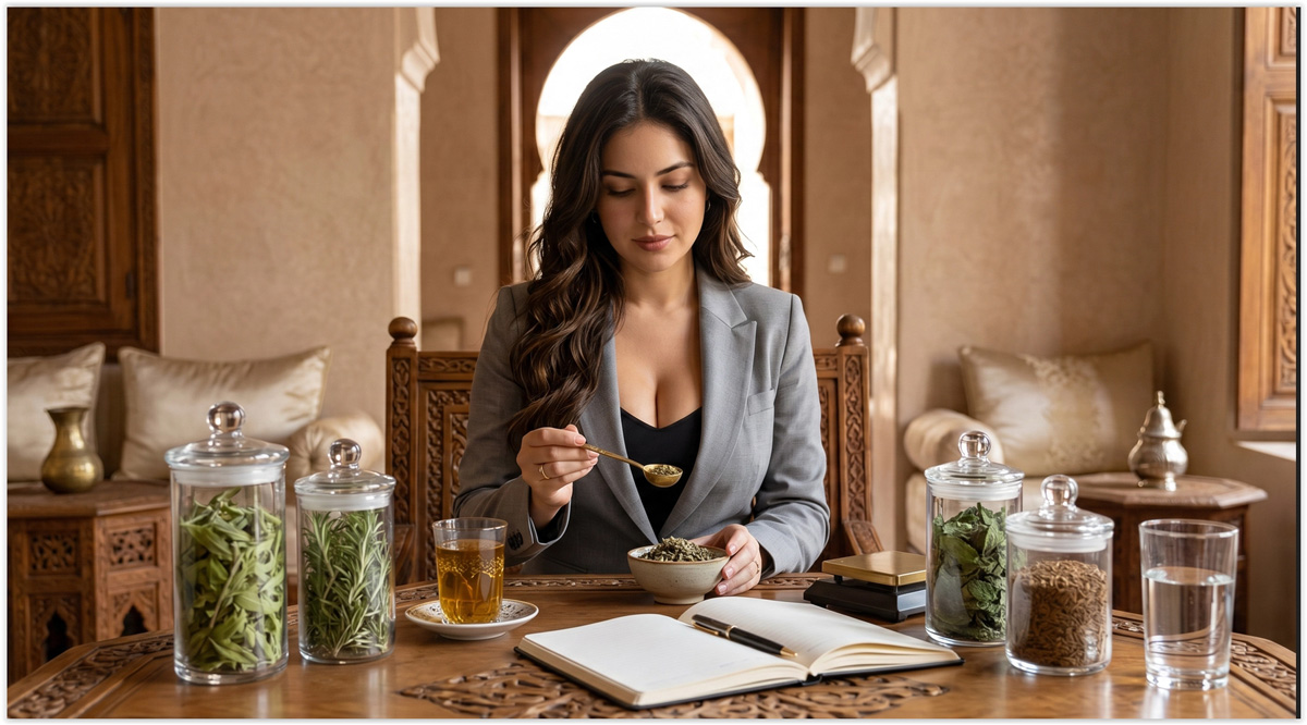 Femme marocaine moderne dans un palais marocain avec plantes médicinales, tisane, carnet et cuillère de dosage pour illustrer les achab et la phytothérapie prudente