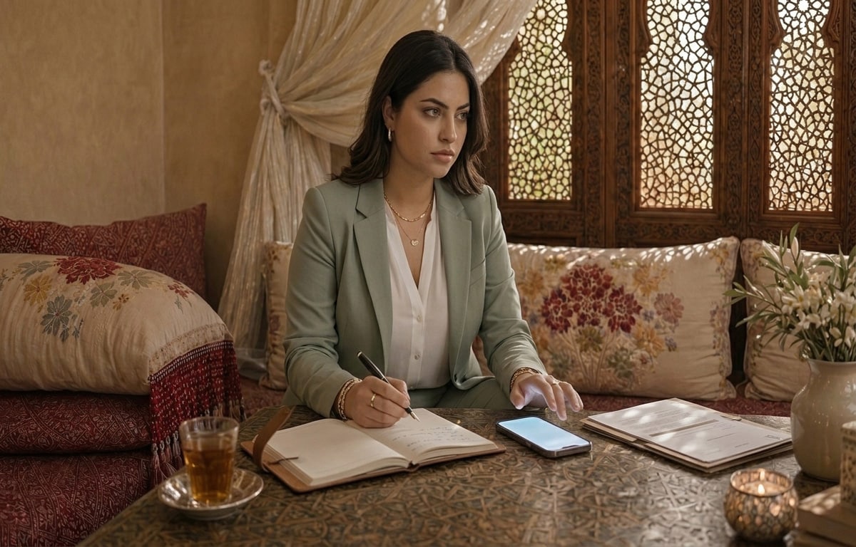 Femme marocaine moderne distraite par son téléphone dans un salon marocain haut de gamme