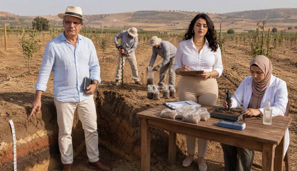 Analyse du sol avant de planter un verger Analyse du sol avant de planter un verger avec prélèvements, profil pédologique et mesure du pH et de la salinité
