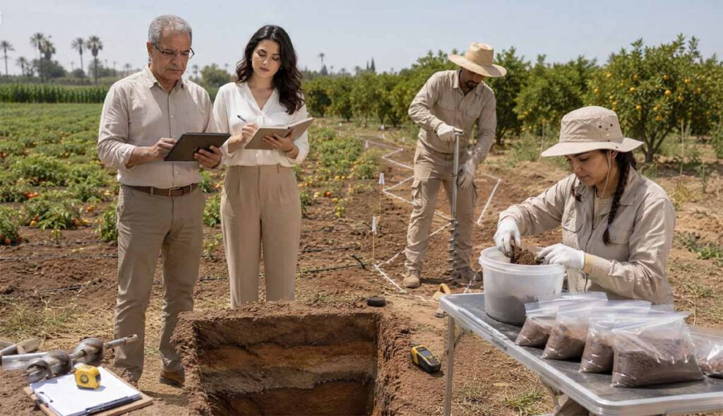 Analyse sol agricole avec prélèvement représentatif dans une exploitation au Maroc