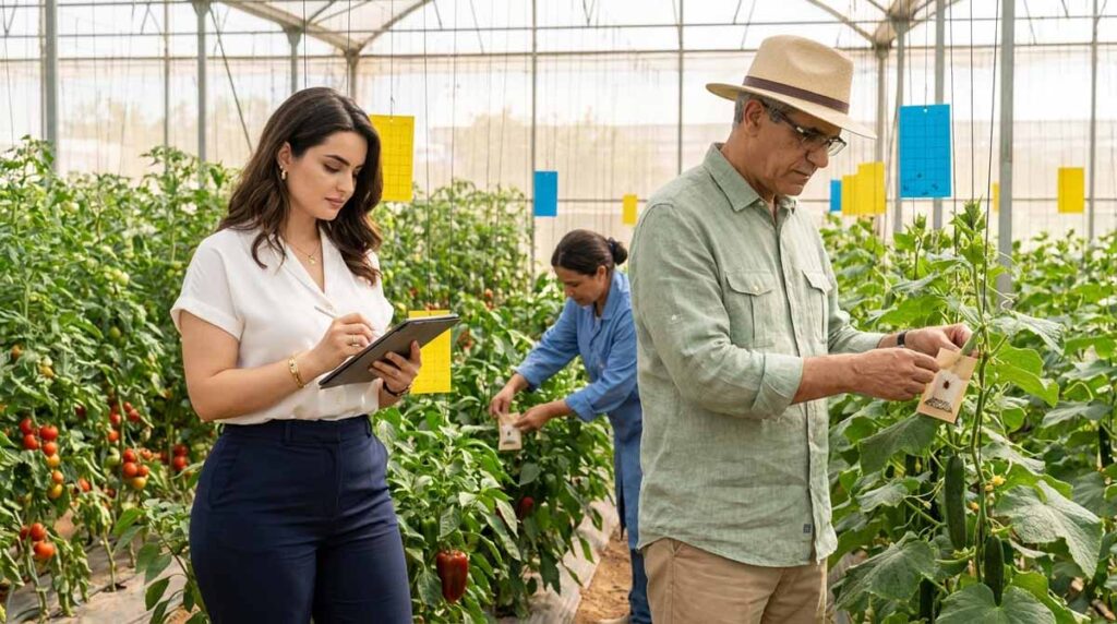 Auxiliaires lutte biologique Maroc installés dans une serre de tomate et de poivron