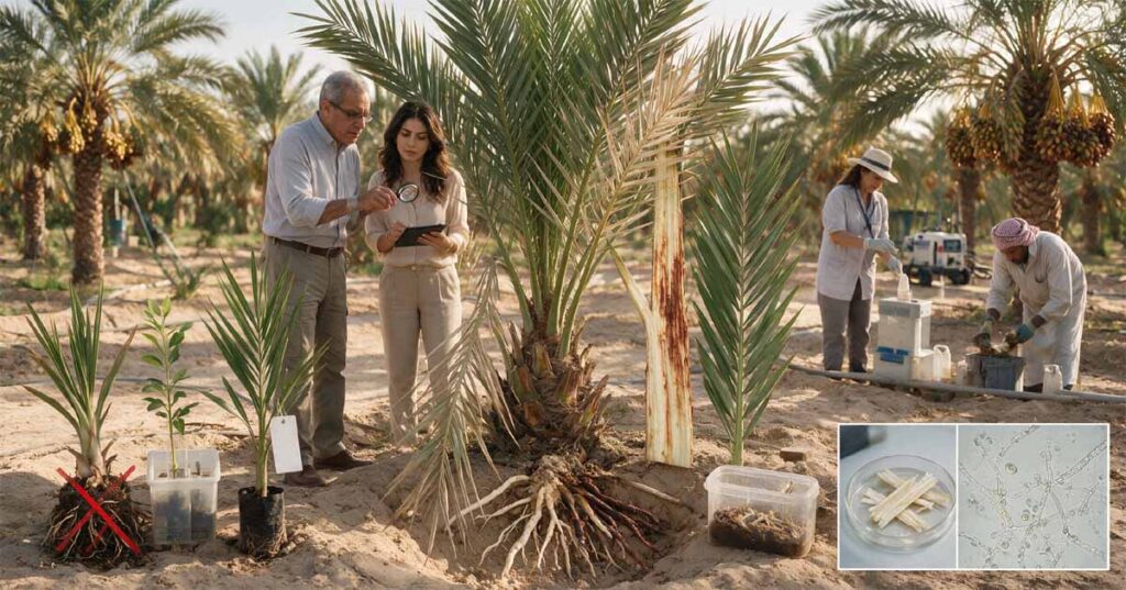 Bayoud du palmier dattier avec palme blanchie, brunissement vasculaire et plants certifiés