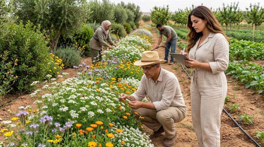 Biodiversité fonctionnelle agriculture avec bande fleurie et haie utile au Maroc