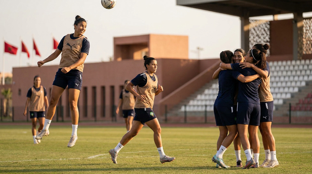 CAN féminine 2026 au Maroc avec joueuses de football exprimant la confiance corporelle, le sport féminin et l’émancipation.