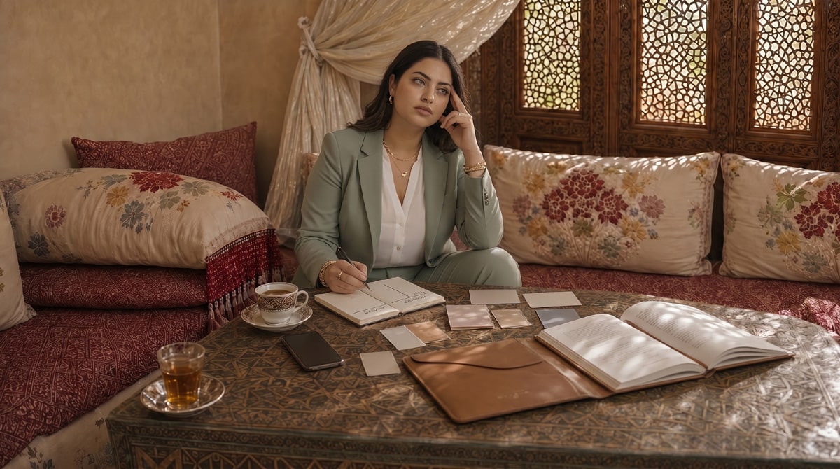 Femme marocaine moderne ayant du mal à se concentrer sous la pression mentale dans un salon marocain haut de gamme
