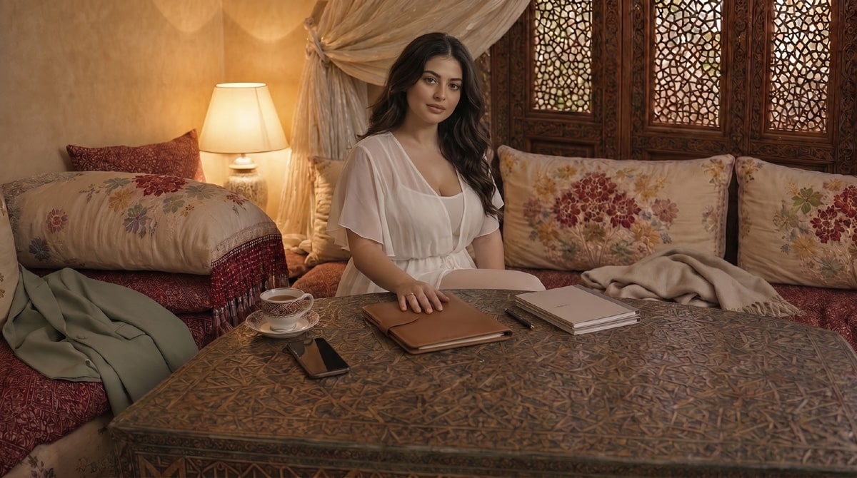 charge mentale et sommeil chez une femme marocaine moderne dans un salon marocain le soir avec pensées en boucle et fatigue nerveuse
