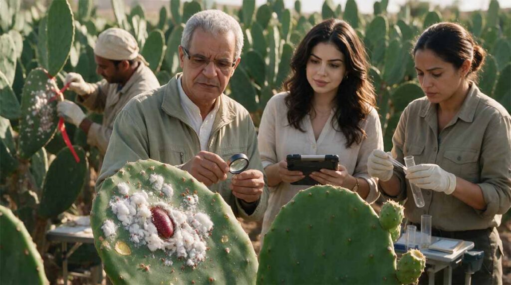 Cochenille du cactus avec amas blancs, femelles rouges et variétés résistantes au Maroc