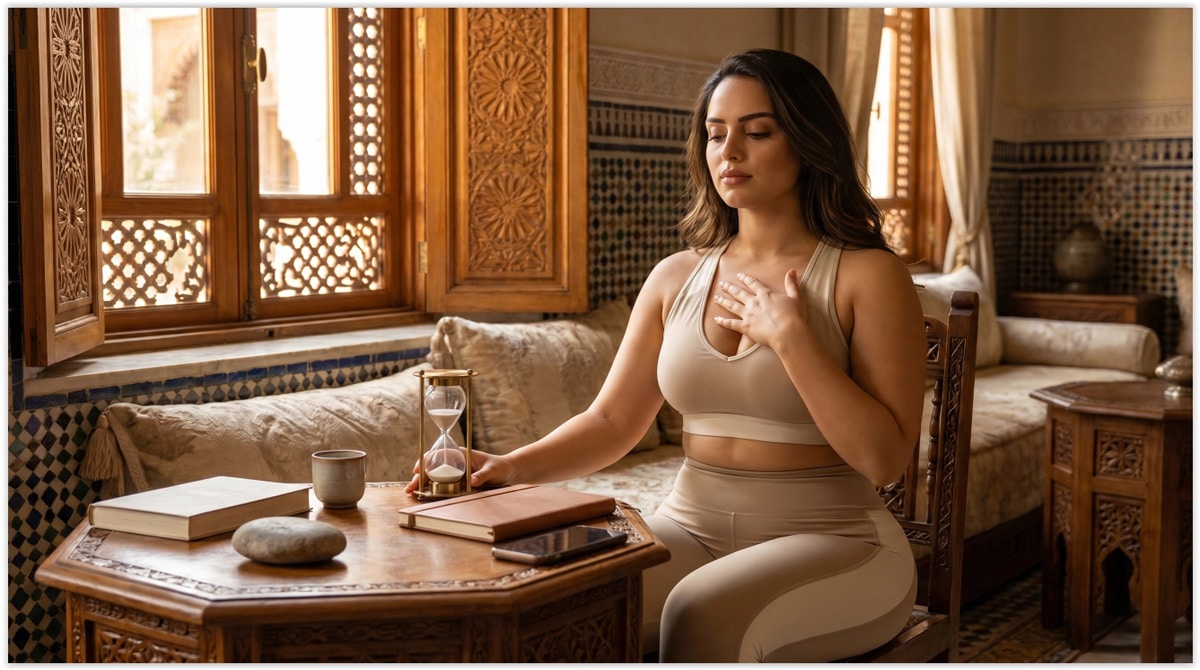 Femme marocaine moderne en tenue sportive élégante pratiquant une respiration rythmée dans un salon haut de gamme
