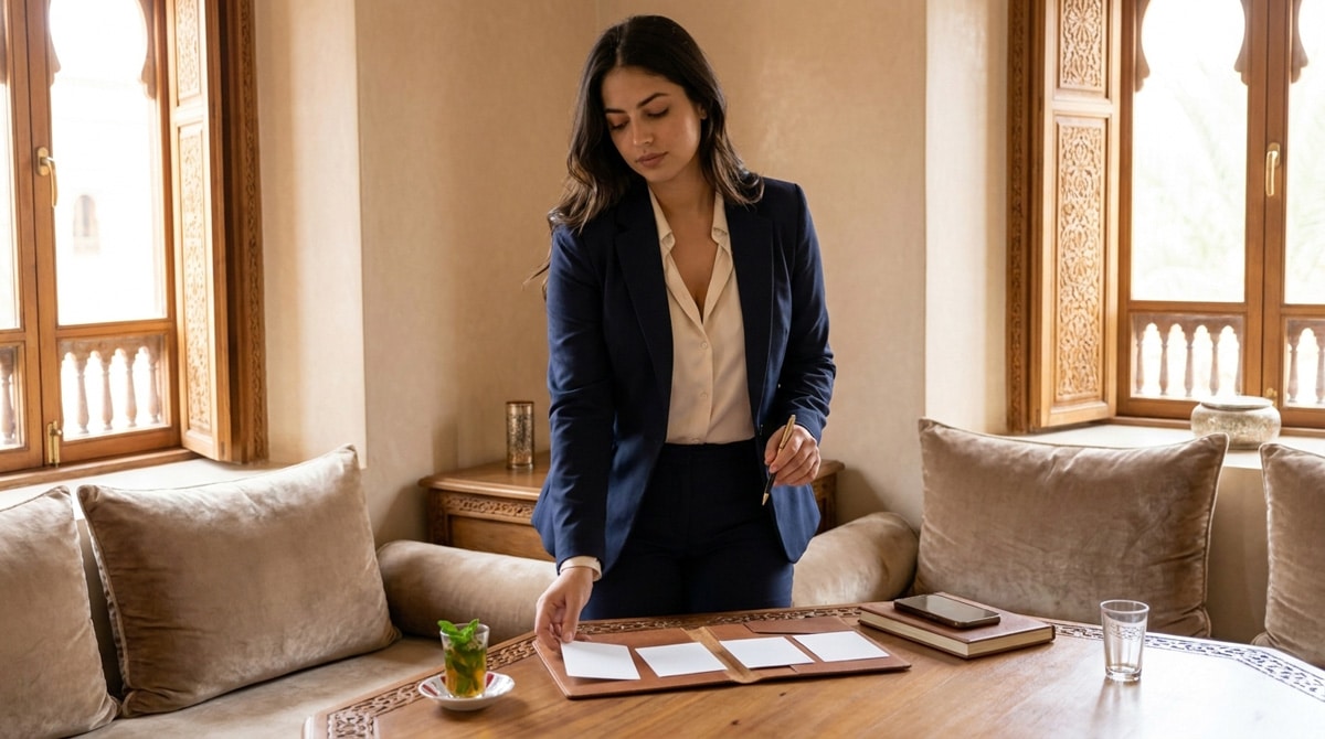 Femme marocaine moderne préparant une communication bienveillante dans un salon haut de gamme