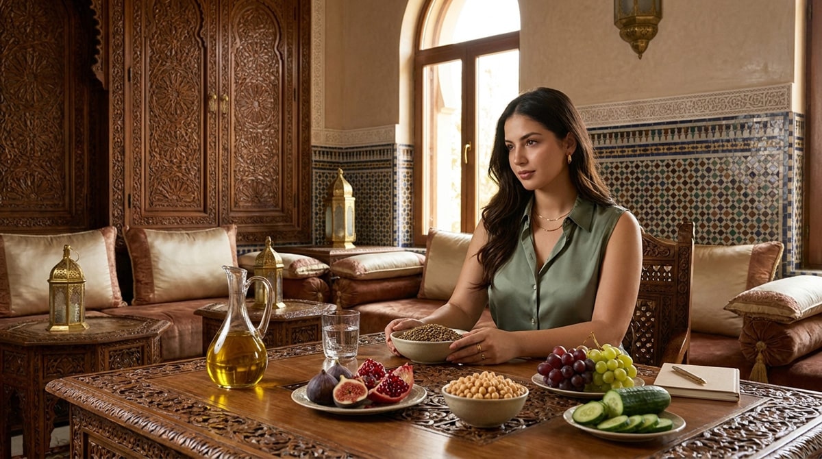 Femme marocaine moderne avec aliments riches en fibres, eau, huile d’olive et légumes pour soutenir la digestion