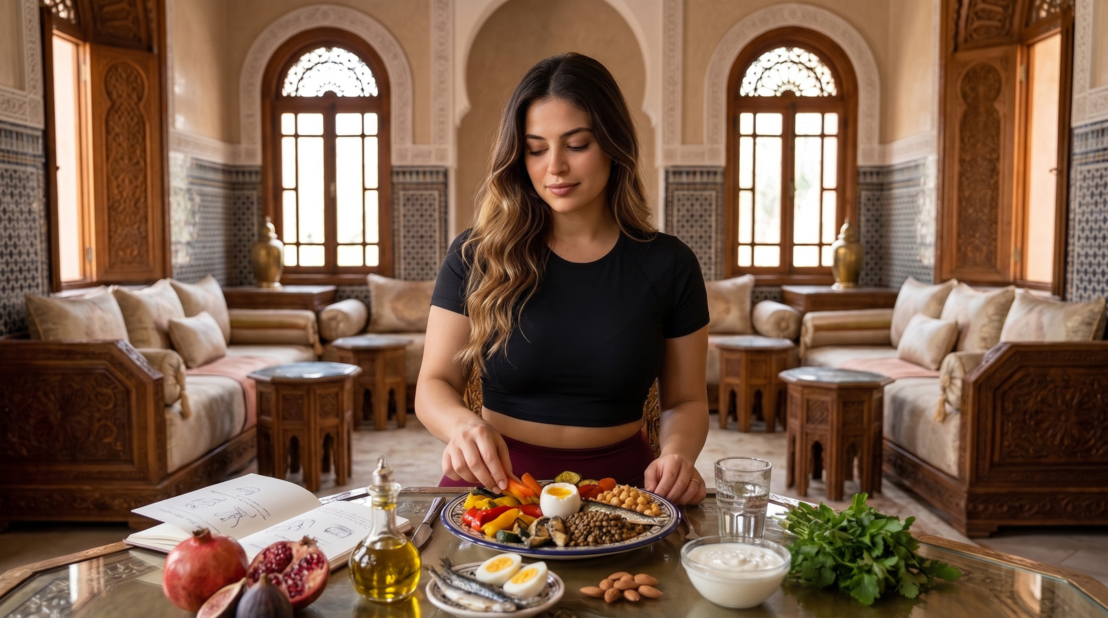 Écologie du Corps Santé Globale : femme marocaine moderne dans un palais marocain avec légumes, légumineuses, sardines, œufs, fruits, eau, lben et carnet