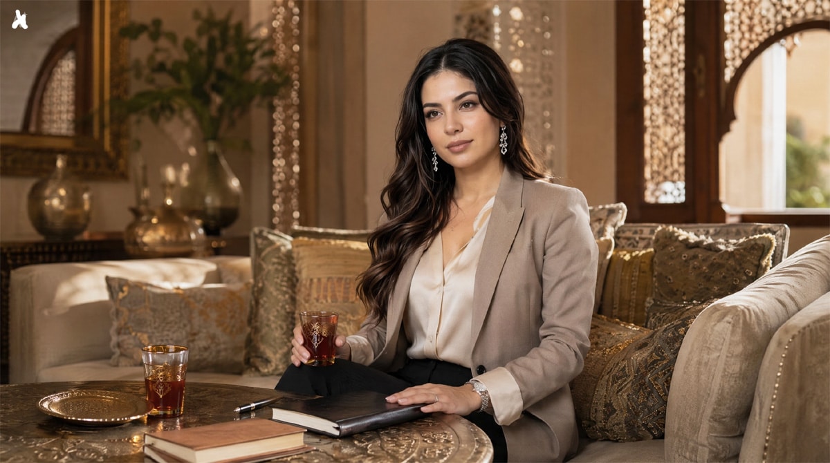 Femme marocaine moderne écoutant avec attention dans un salon marocain haut de gamme