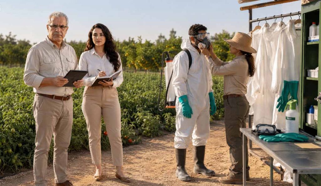 Équipement protection pesticide porté et contrôlé avant un traitement agricole au Maroc